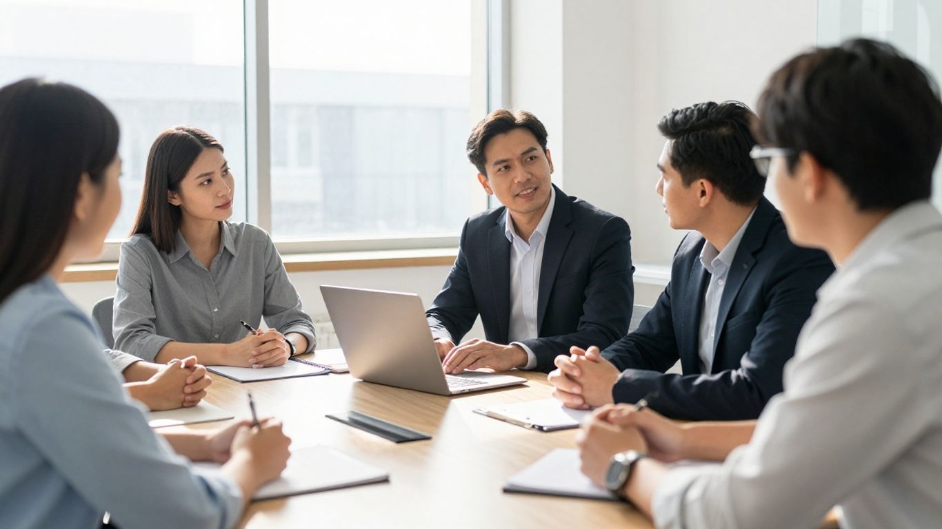 Lawyer consulting with immigrants about legal help.