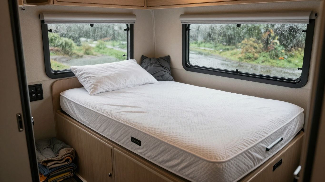Caravan bed with waterproof mattress on rainy day.