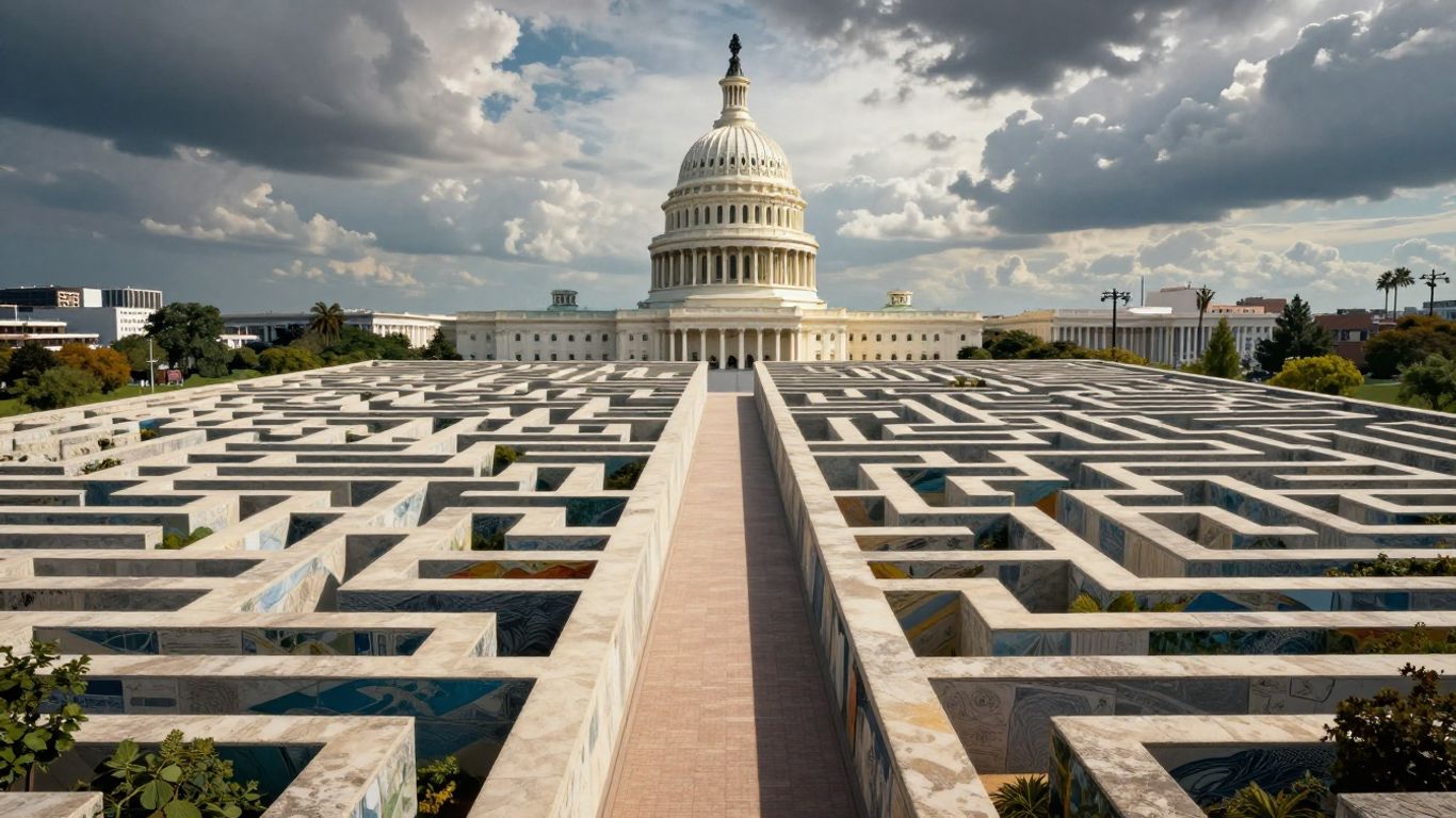 Maze leading to Capitol building with diverse landscapes.