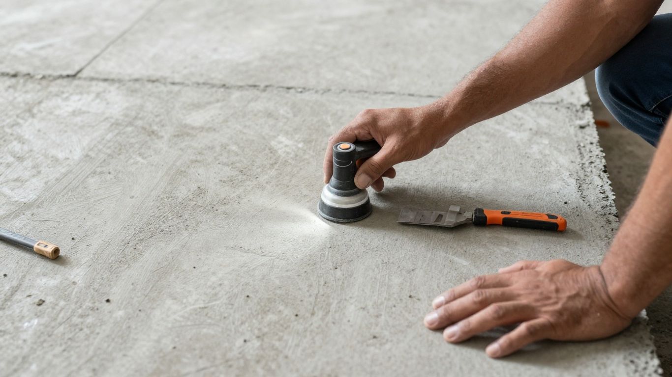 Contractor assessing a concrete slab indoors