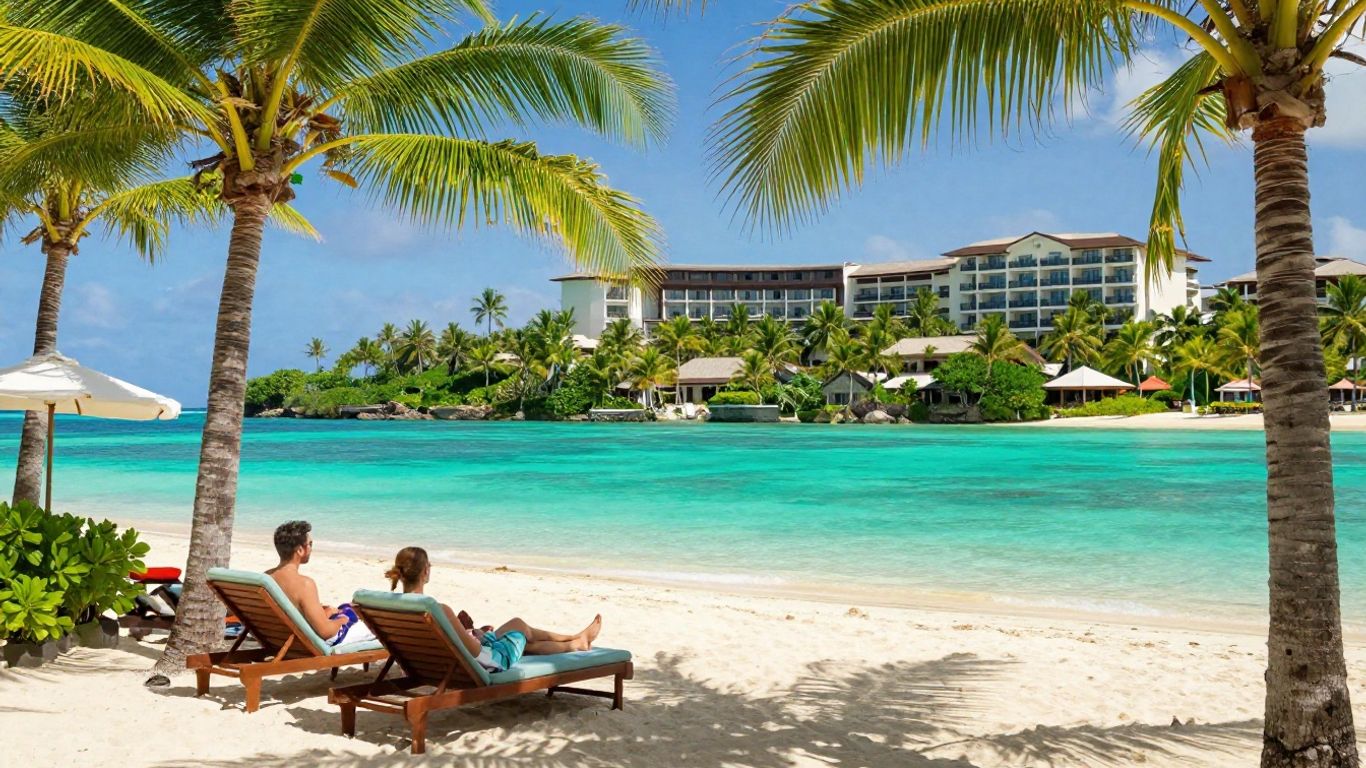 Couple relaxing on a tropical beach with resort in background.