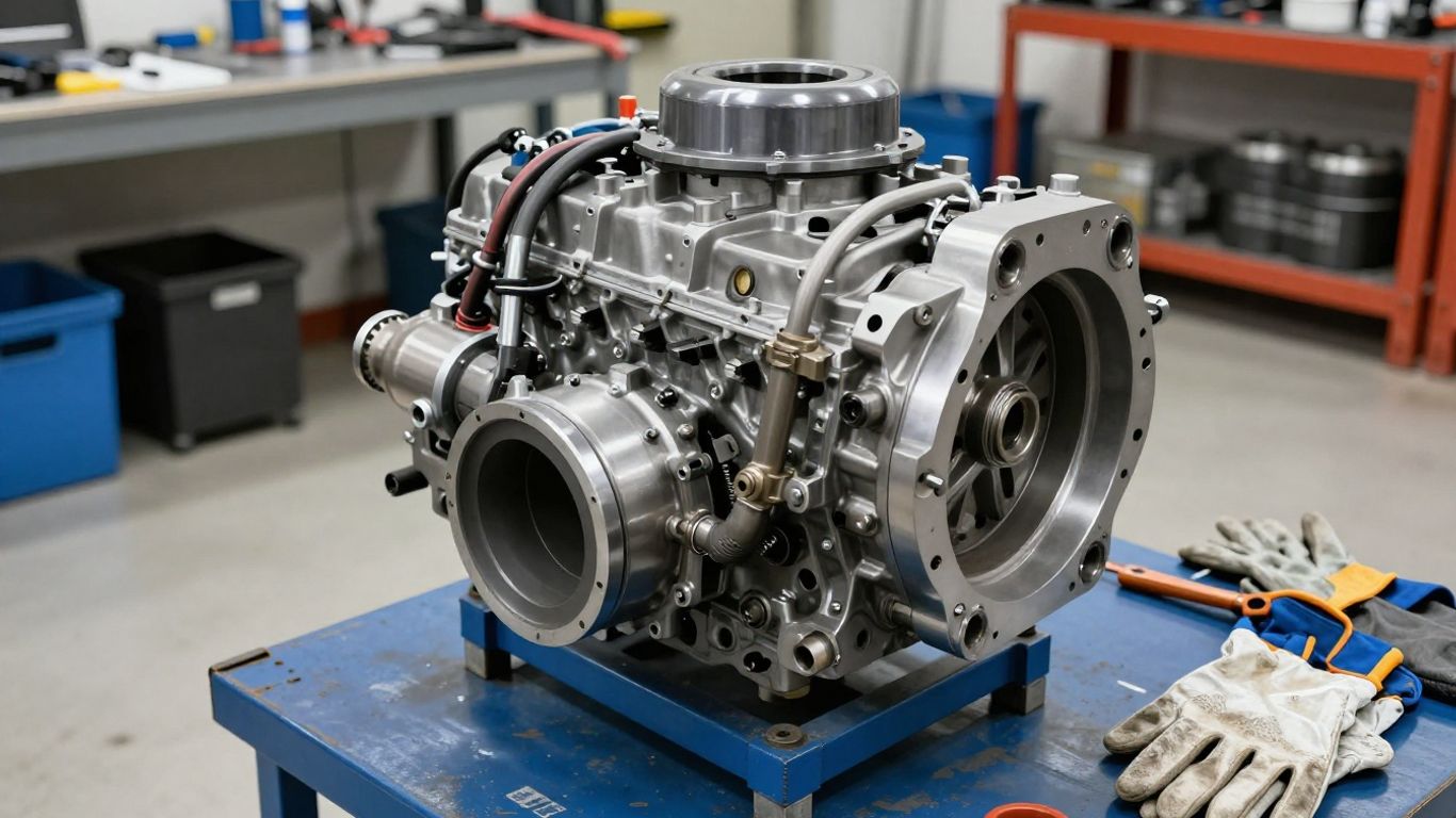Engine assembly prepared for careful workshop installation
