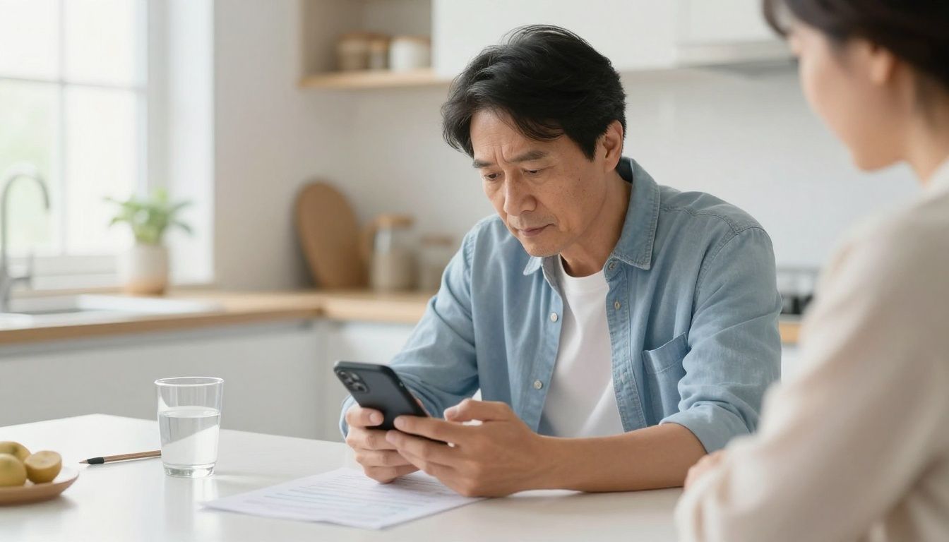 A person in their 40s with a thoughtful expression, sitting in a brightly lit, modern kitchen and reviewing their health data on a smartphone.