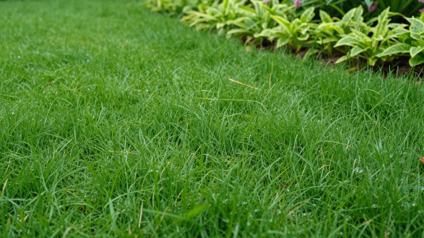 Lush green lawn with water droplets and garden beds.