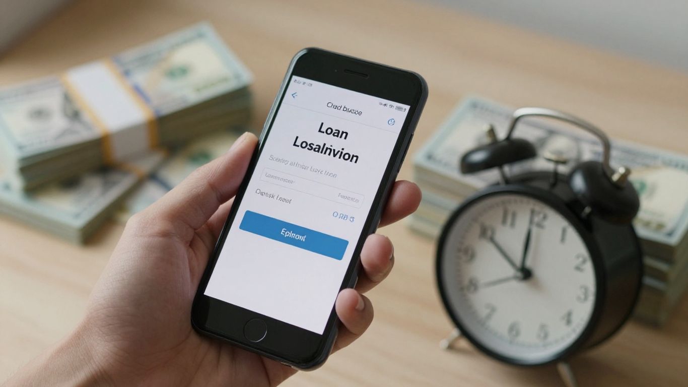 Hand holding phone with loan app, cash, and clock.