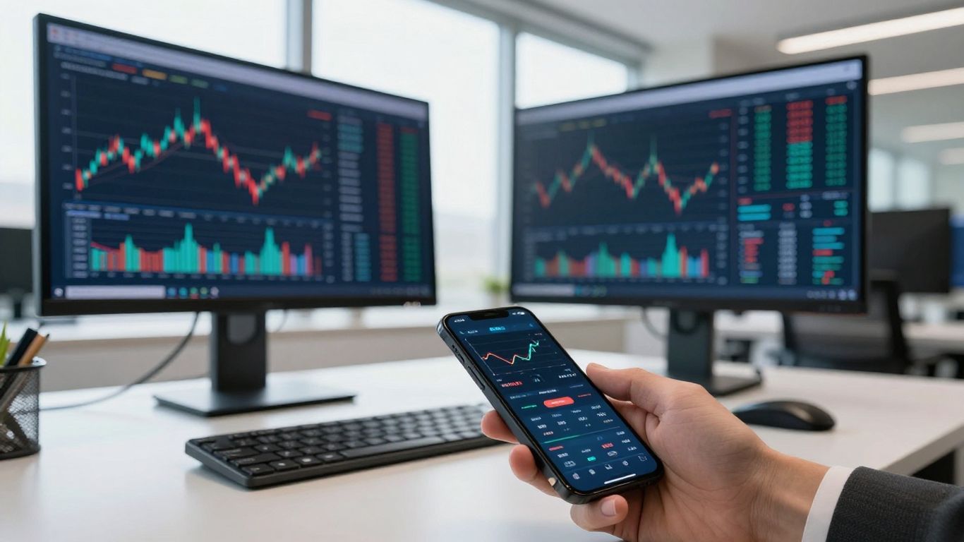 Fidelity trading platform on a monitor and phone.