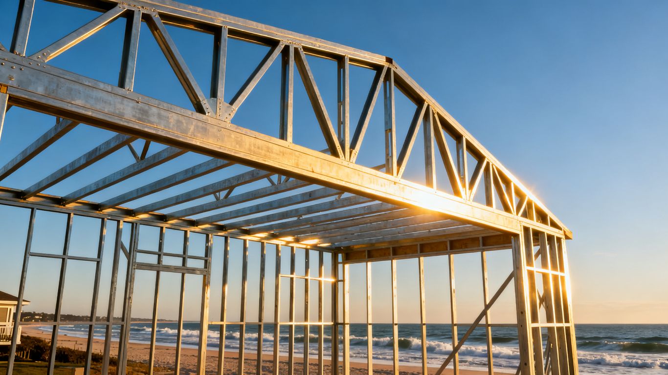Coastal home addition with durable metal framing.
