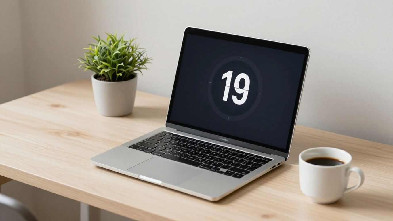 Minimalist desk with laptop showing Pomodoro timer.