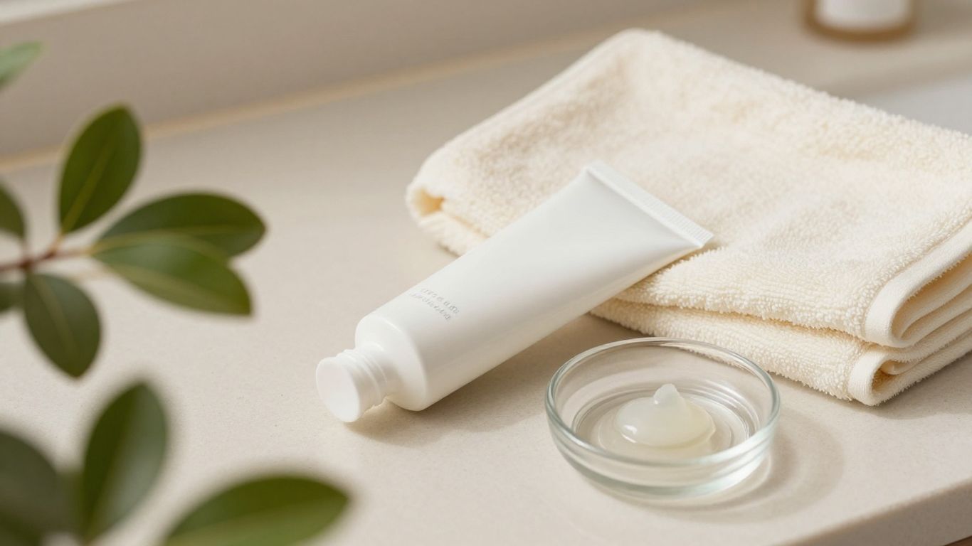 A bottle of lubricant beside botanical ingredients