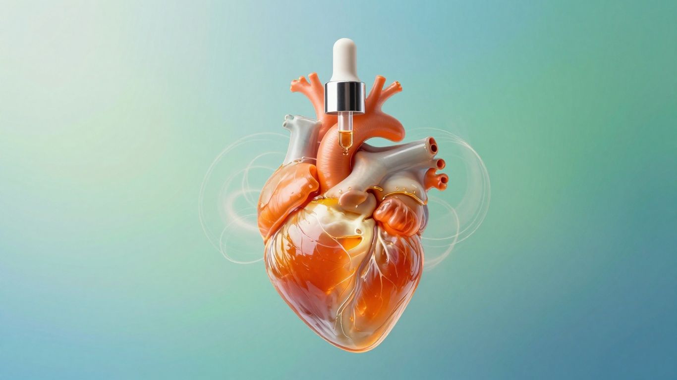 Liquid CoQ10 bottle and heart graphic