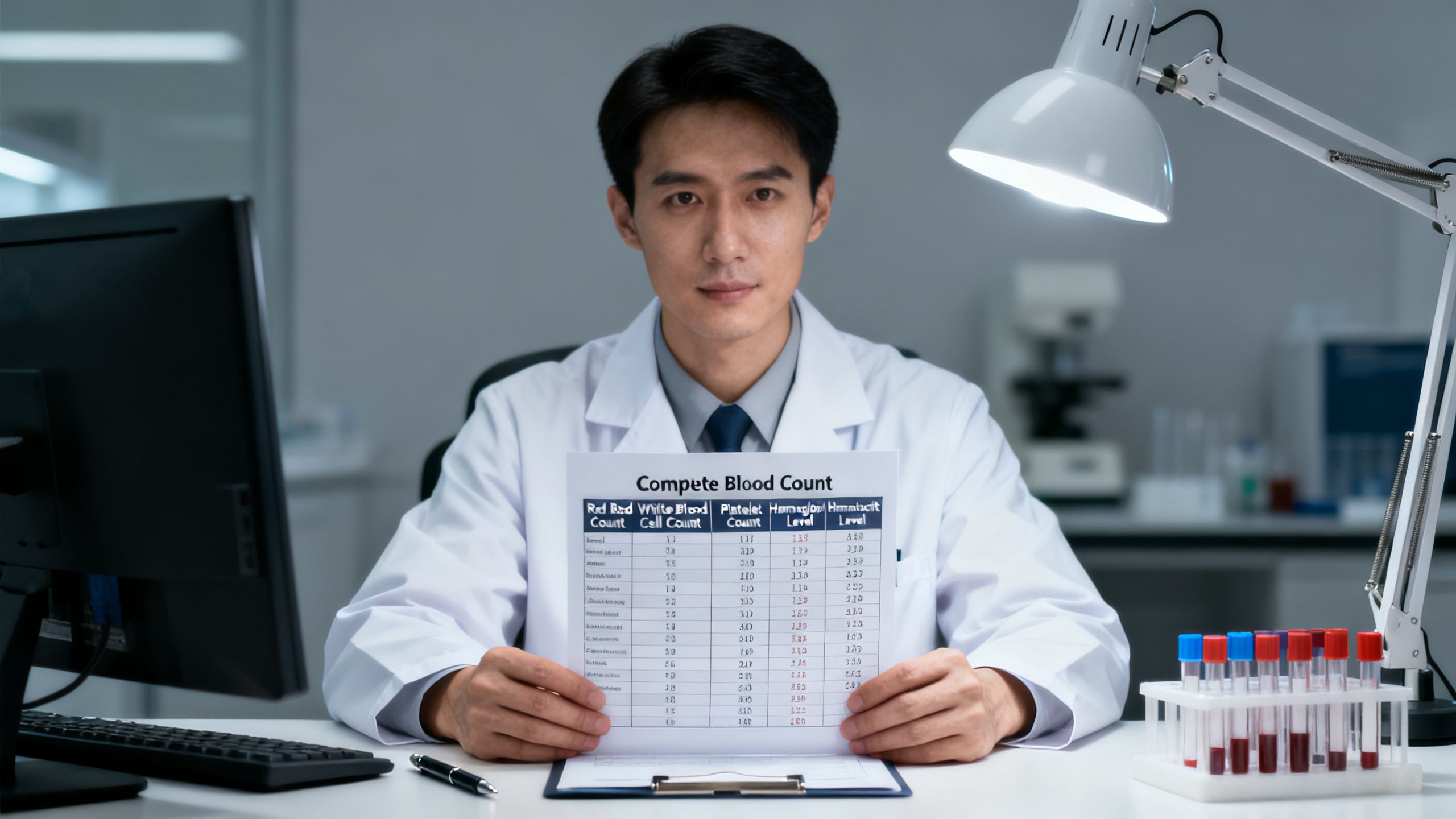 Laboratory professional reviewing a complete blood count report with red blood cell, white blood cell, platelet, hemoglobin, and hematocrit results