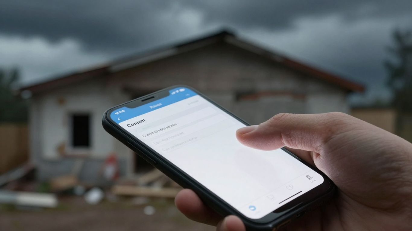 Hand using smartphone to contact storm repair contractor.