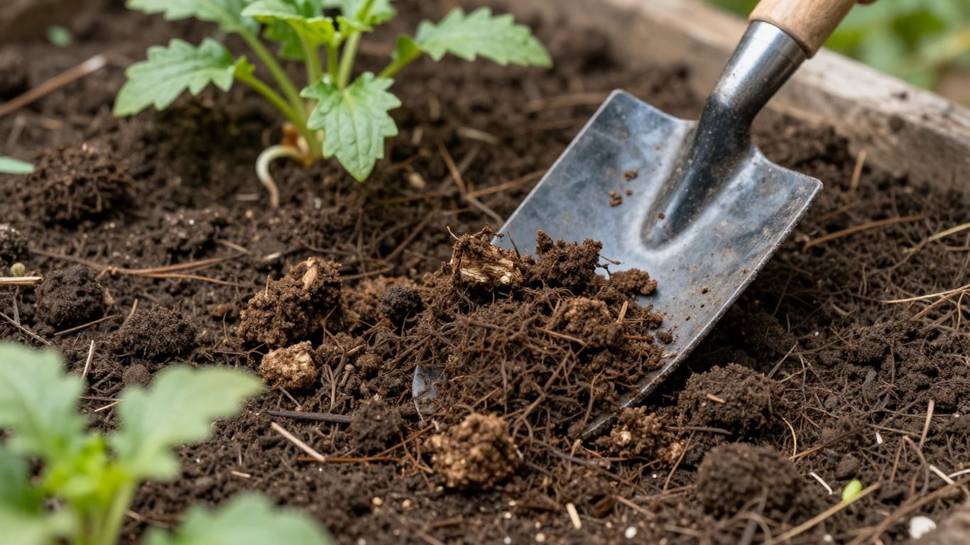 Solo rico com estrume de cavalo e plantas verdes.