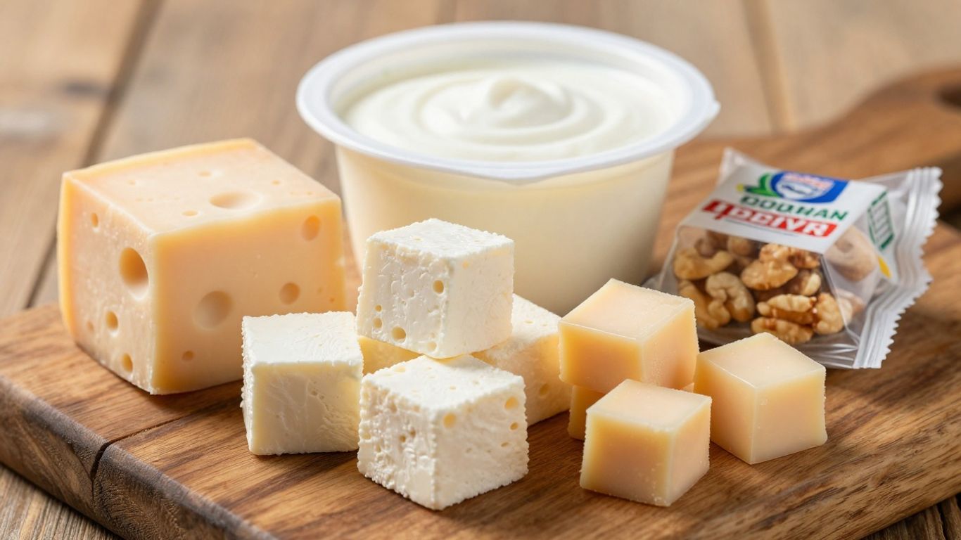Portable cheese, yogurt, and nuts for travel snacks.