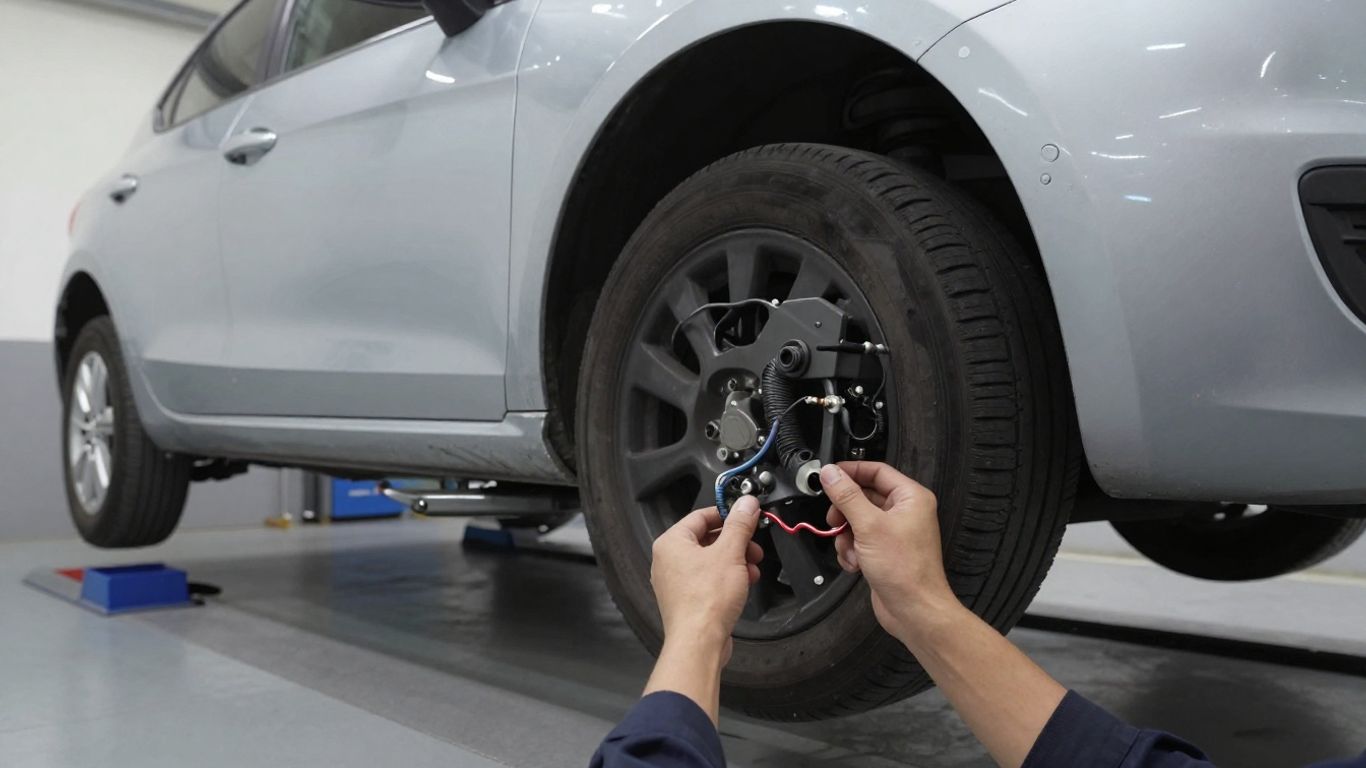Technician inspecting sensors and exhaust components