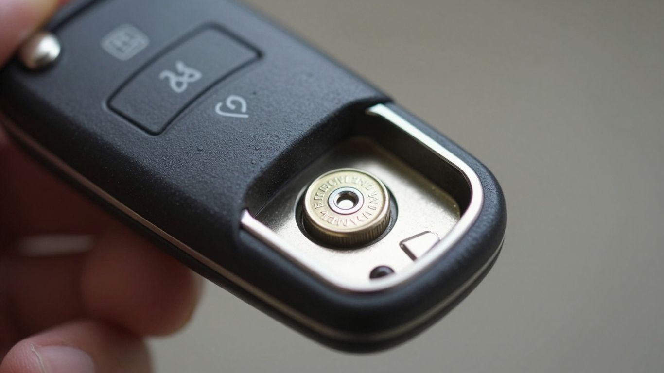 Car key fob with battery exposed.