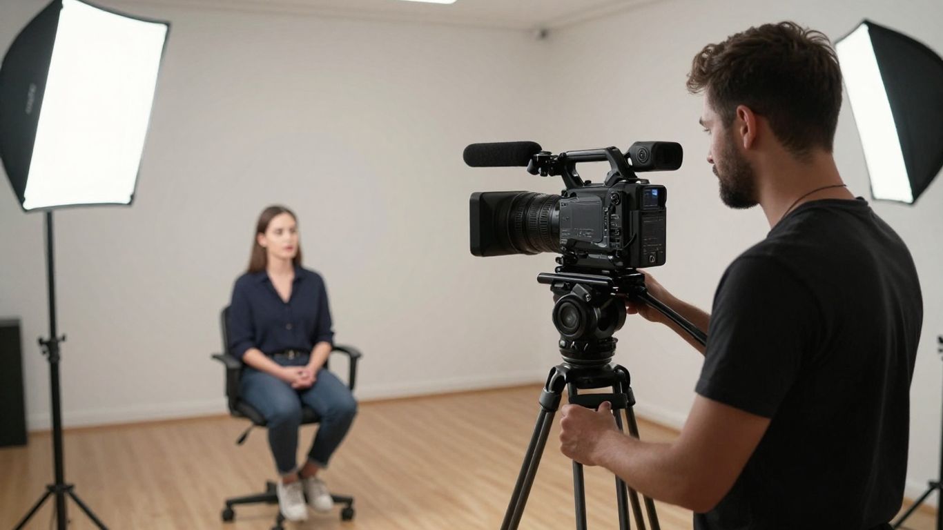 Videographer filming an interview on a professional set