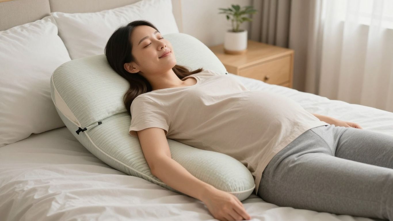 Pregnant woman sleeping on a U-shaped pregnancy pillow.