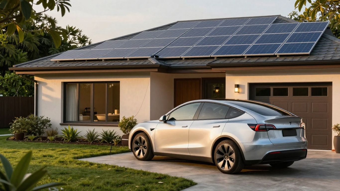Modern home with solar panels and electric car charging.