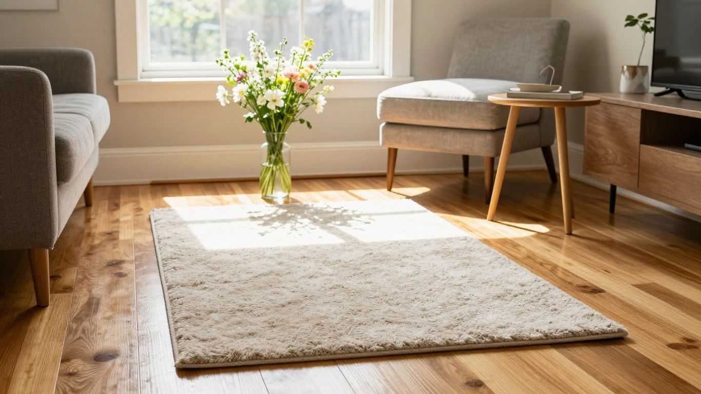 Clean, polished hardwood floors with a rug and flowers.