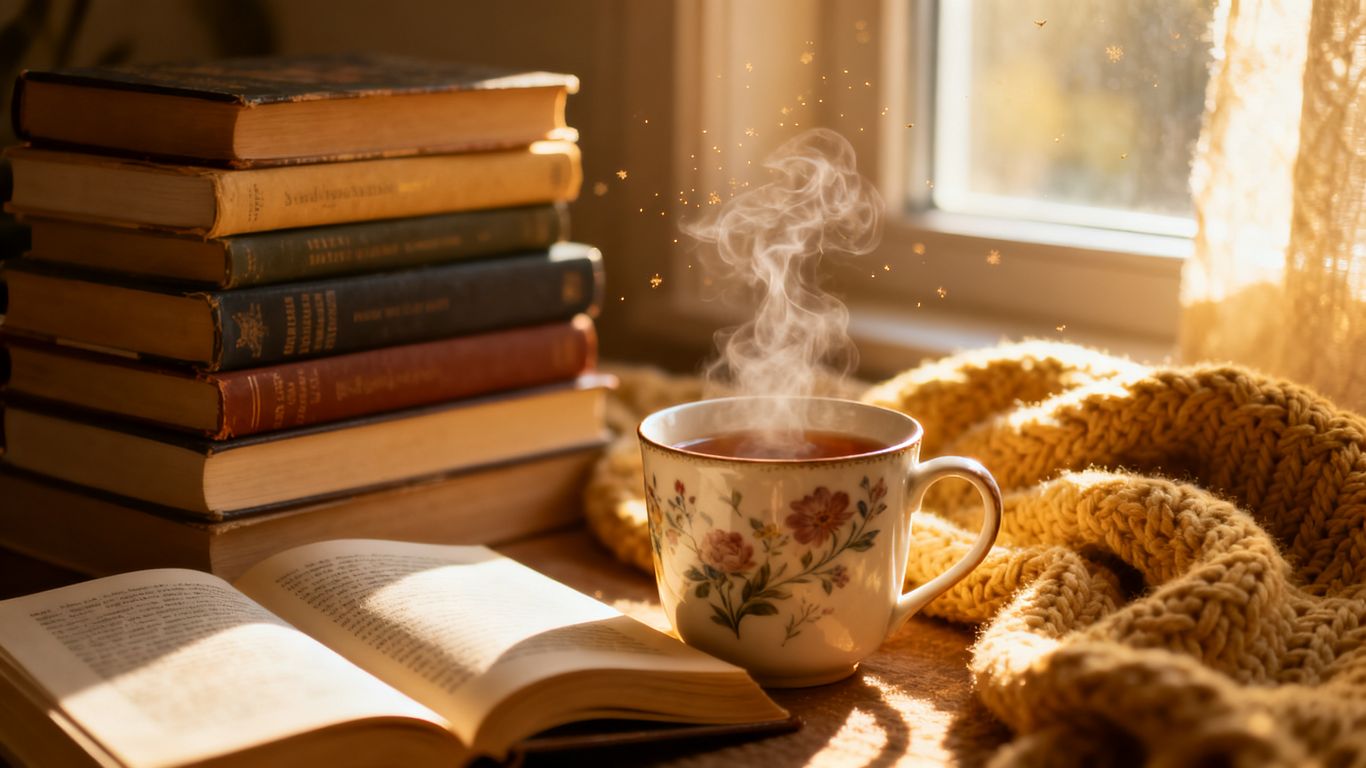 Cozy romance books with tea and blanket.