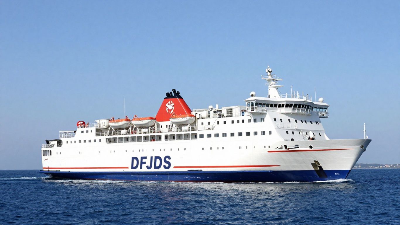 DFDS ferry sailing on a blue sea.