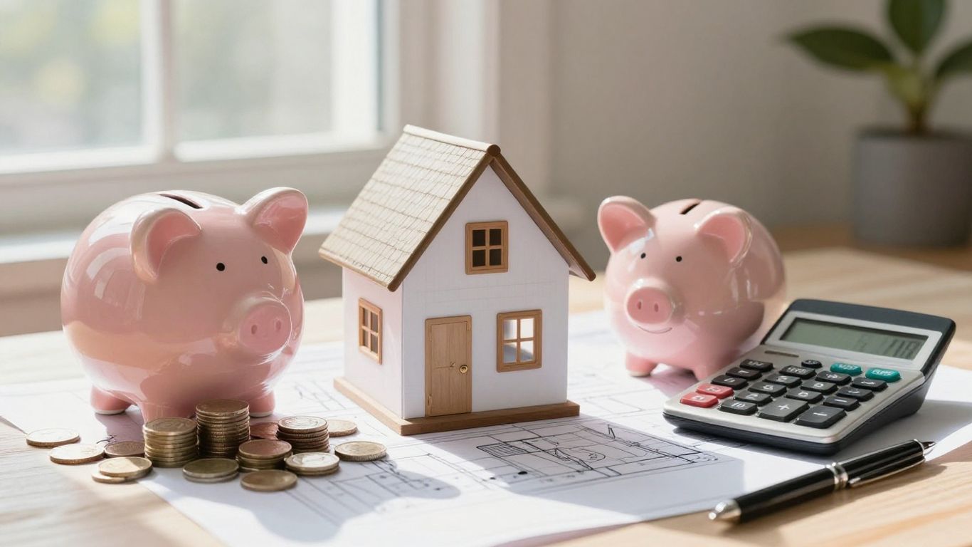 Homeowner with piggy bank and calculator