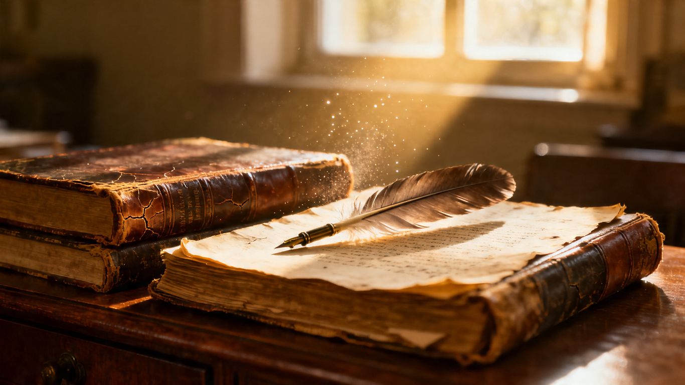 Stack of antique books with a quill pen.