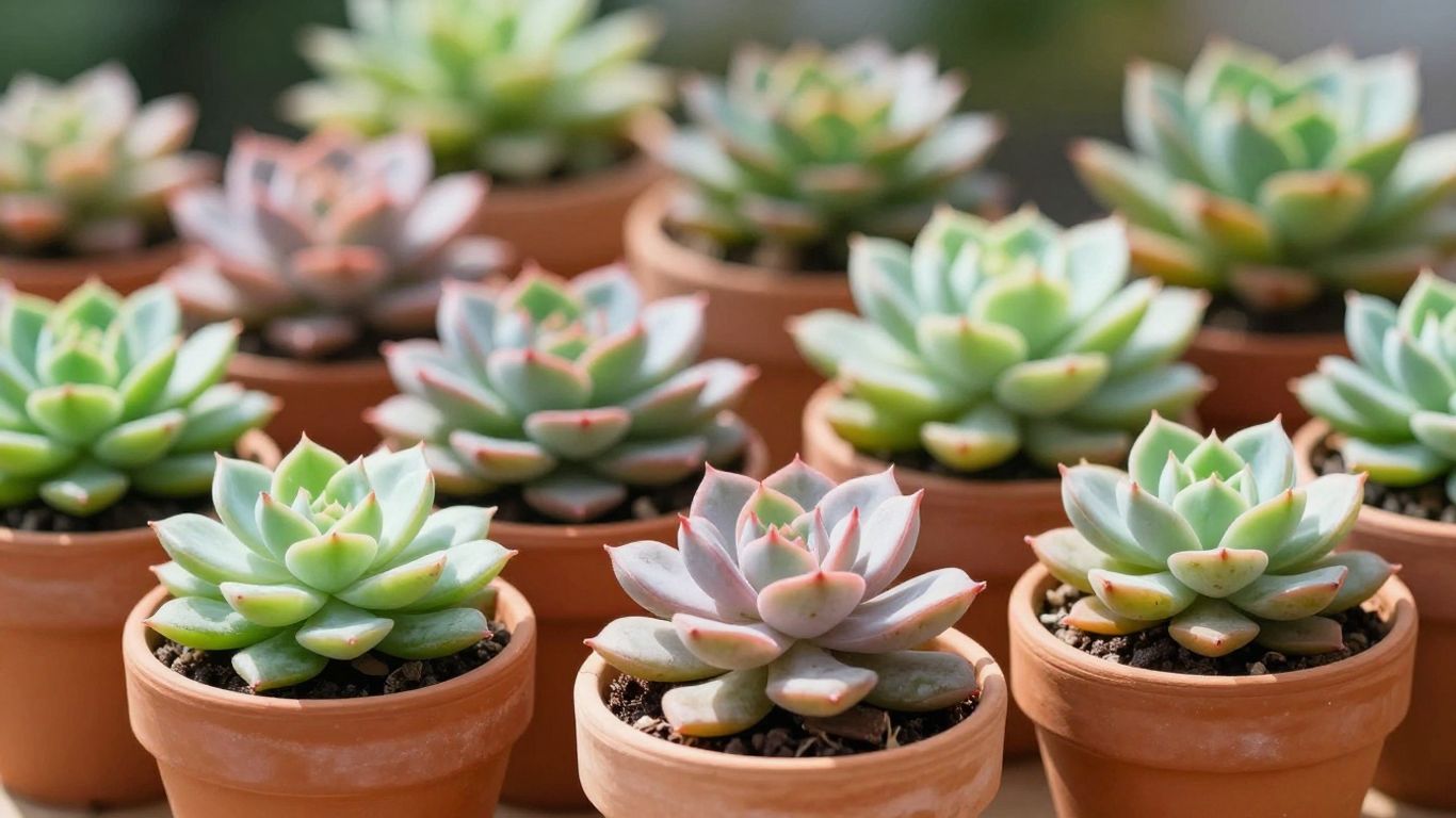 Suculentas sanas en macetas de terracota bajo la luz.