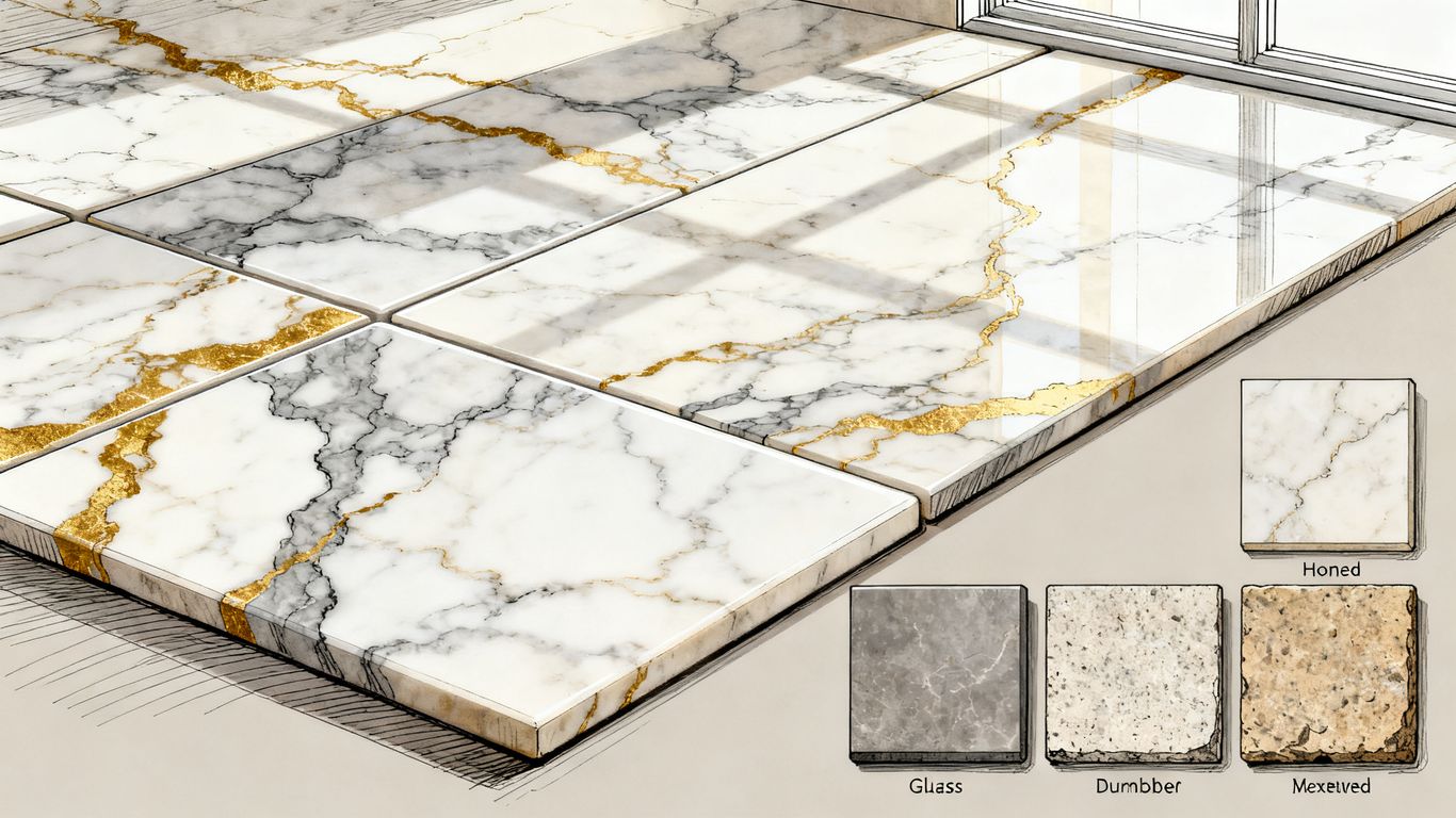 Close view of veined marble tile