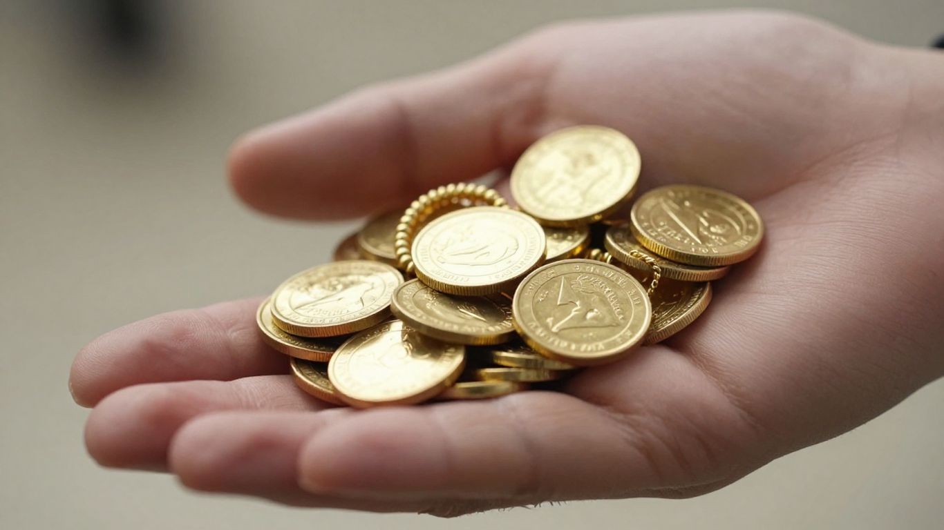 一只手拿着金银珠宝。