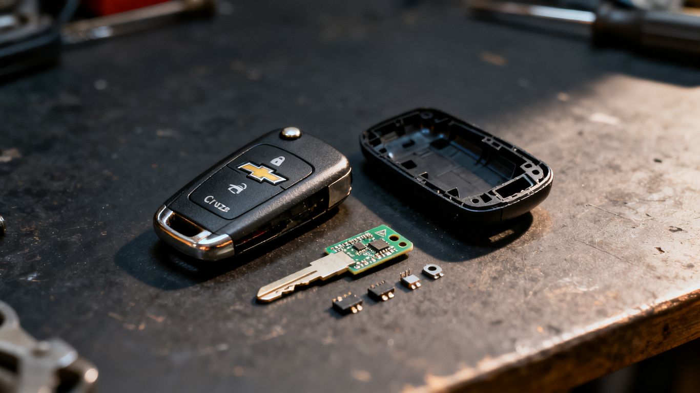 Damaged Chevrolet Cruze key beside replacement shell