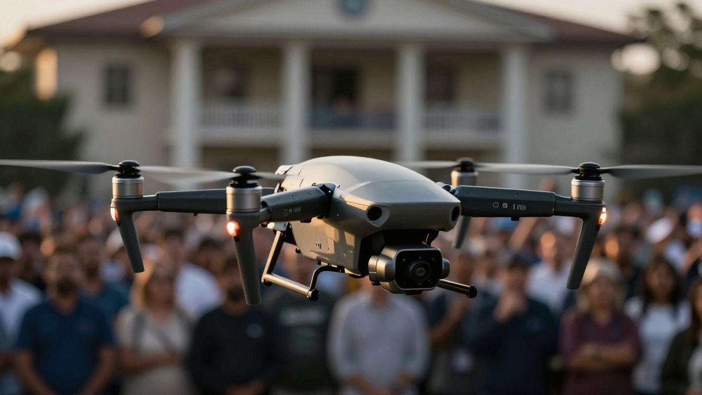 Drone in flight, political backdrop.