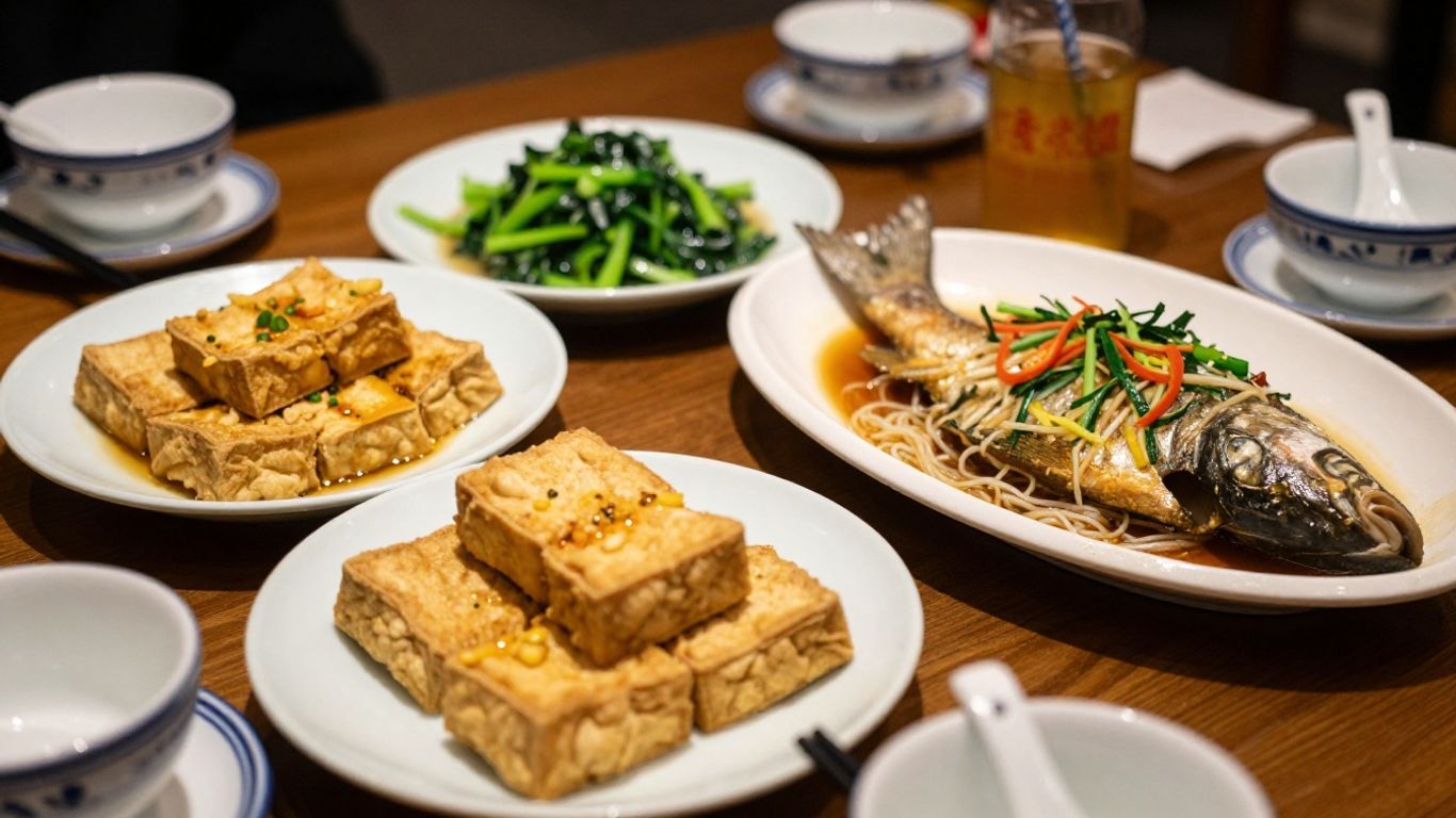 Regional Chinese meal with tea and shared plates