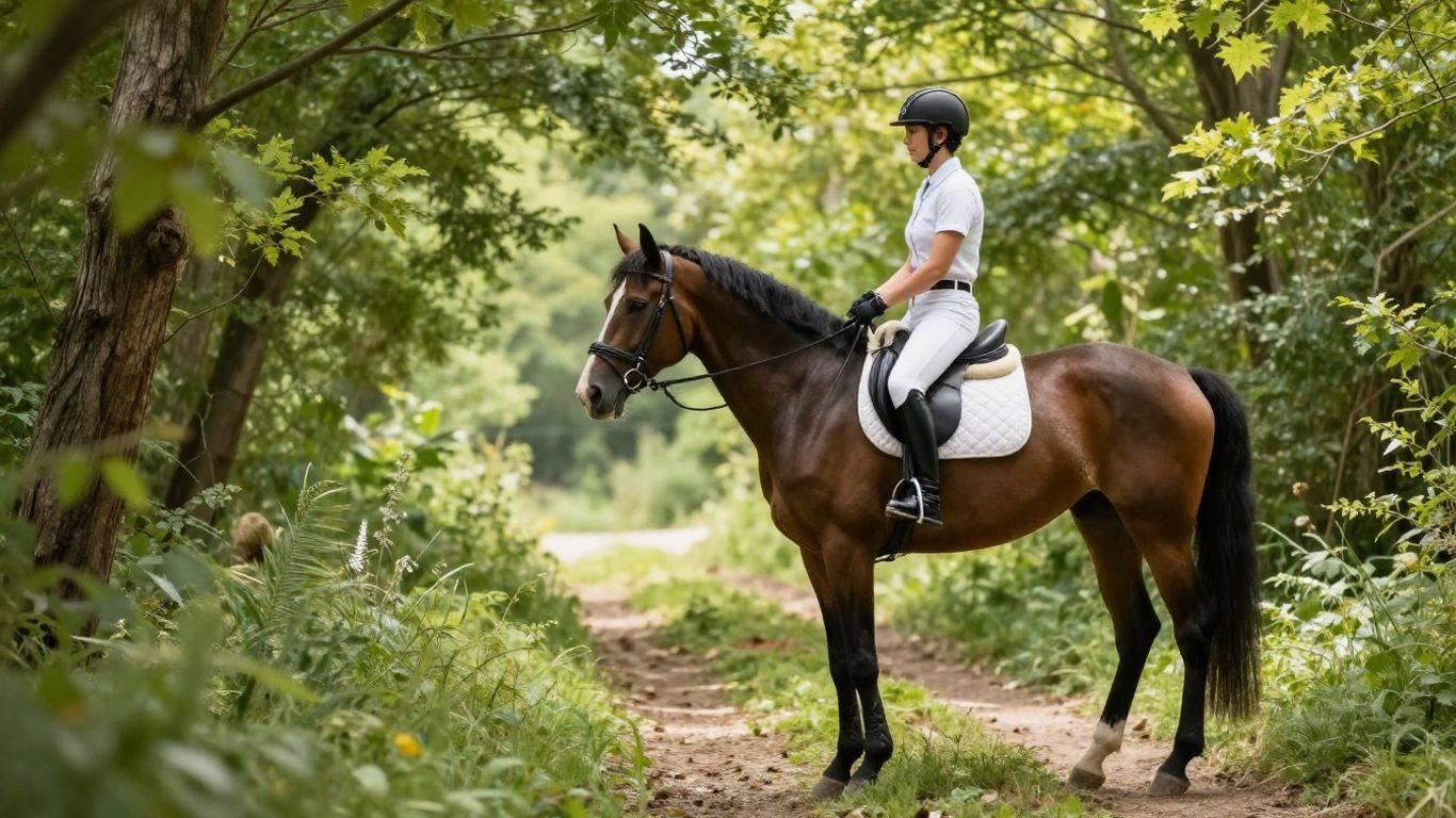 Cheval et cavalier dans un cadre naturel verdoyant.