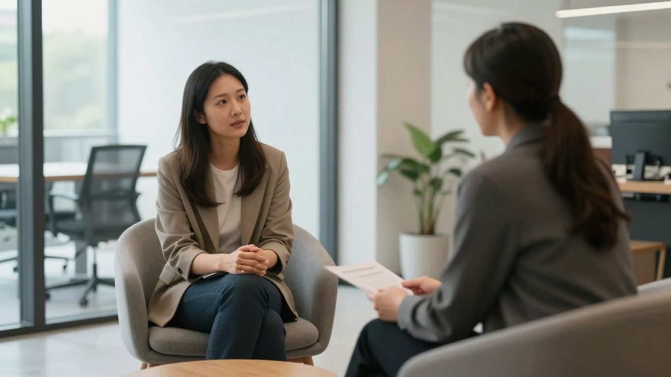 Employee speaking privately with a coach in a calm office