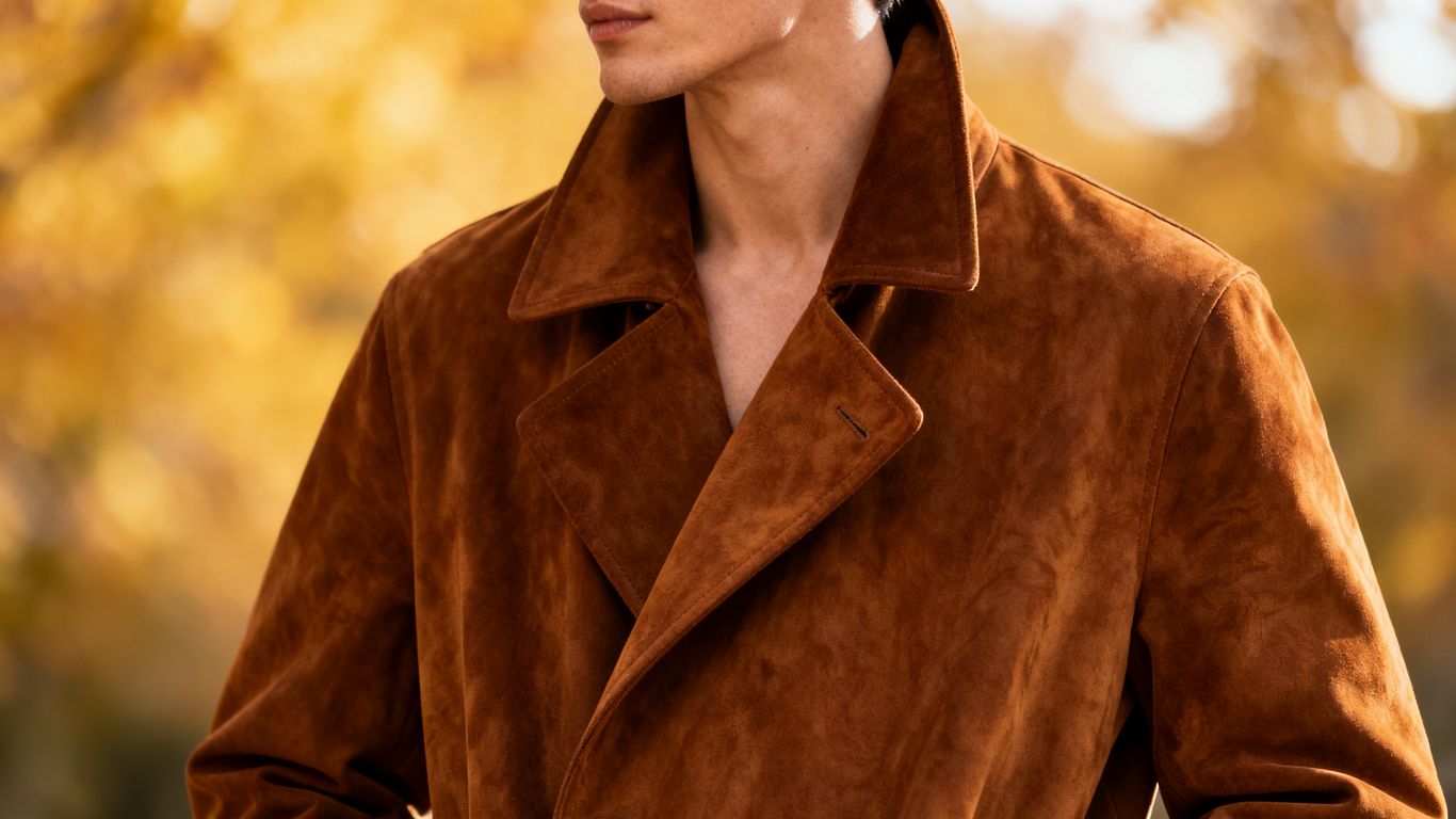 Brown suede coat for autumn fashion.