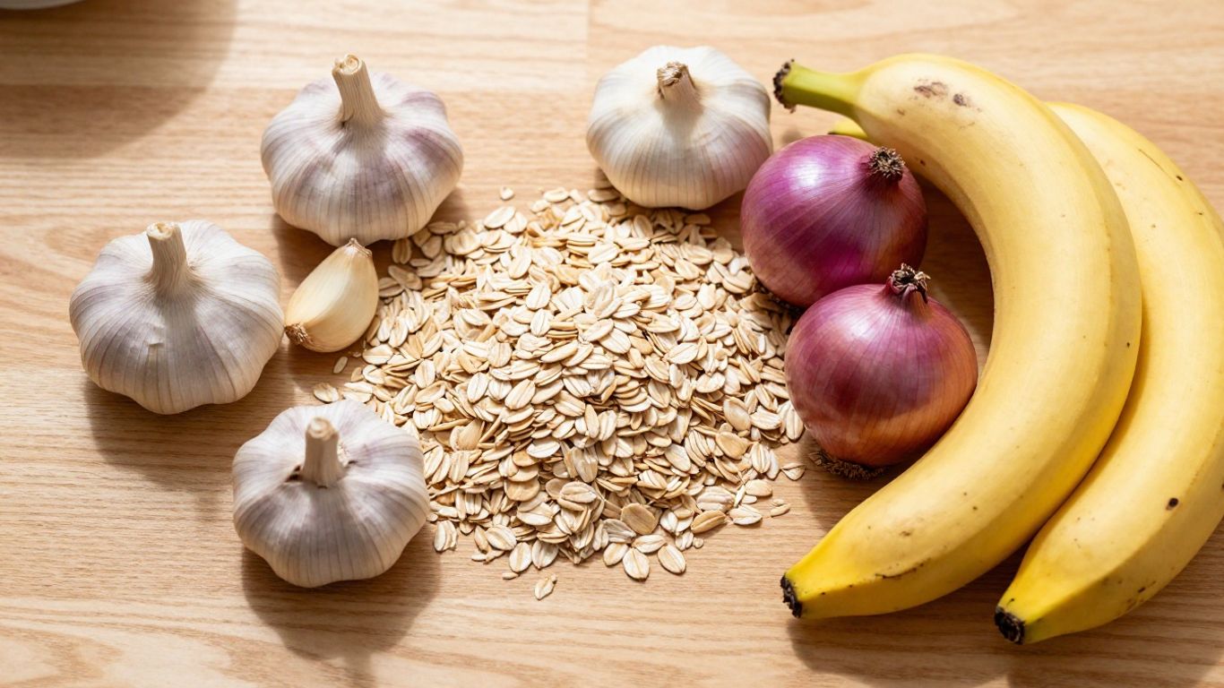 Alimentos frescos e saudáveis dispostos sobre uma mesa de madeira