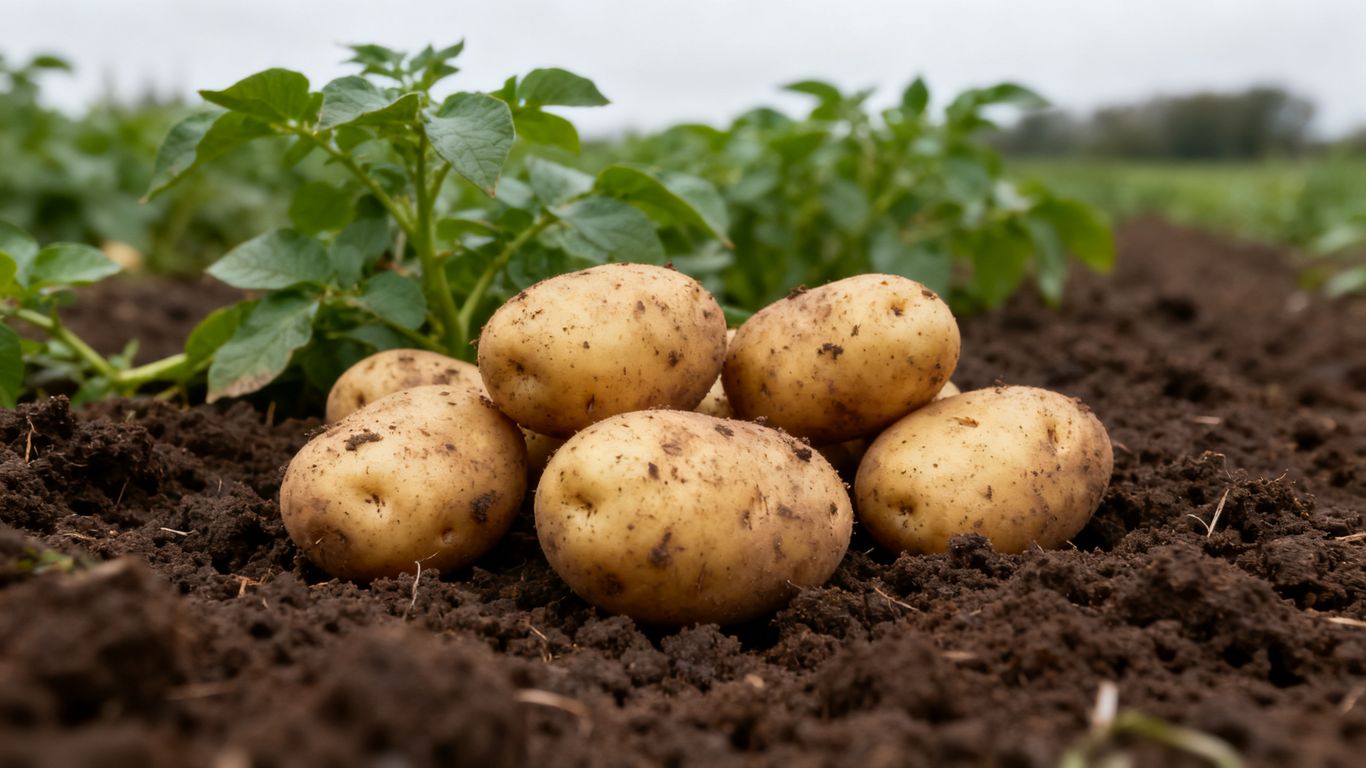 Biologische aardappelen op donkere vruchtbare aarde
