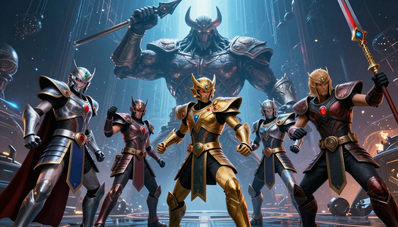 Um grupo de seis Guardiões em armaduras raras enfrentando um chefe colossal em um cenário espacial épico
