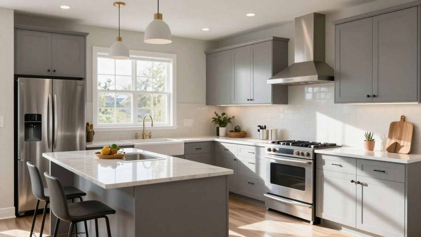Modern kitchen renovation with new cabinets and countertops.