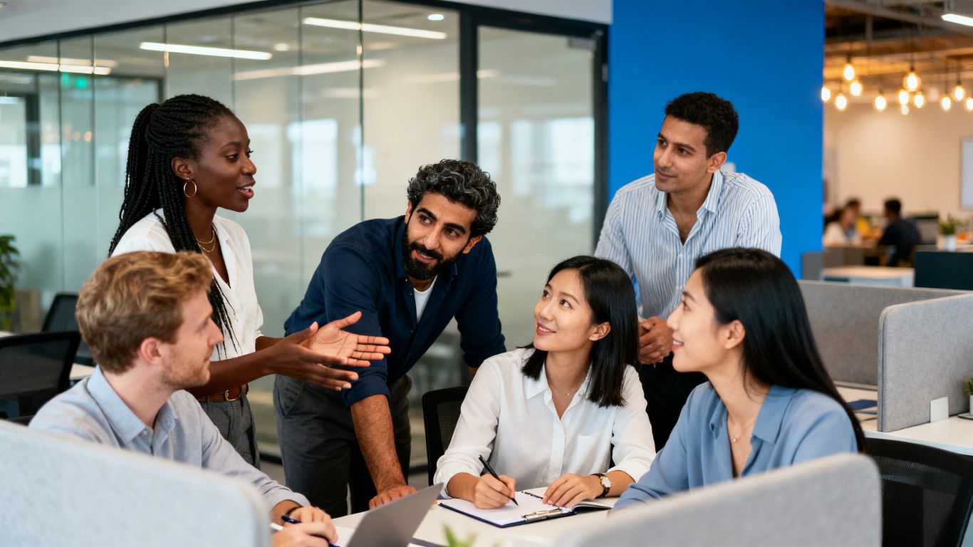 Team collaborating on a new proposal in an office.