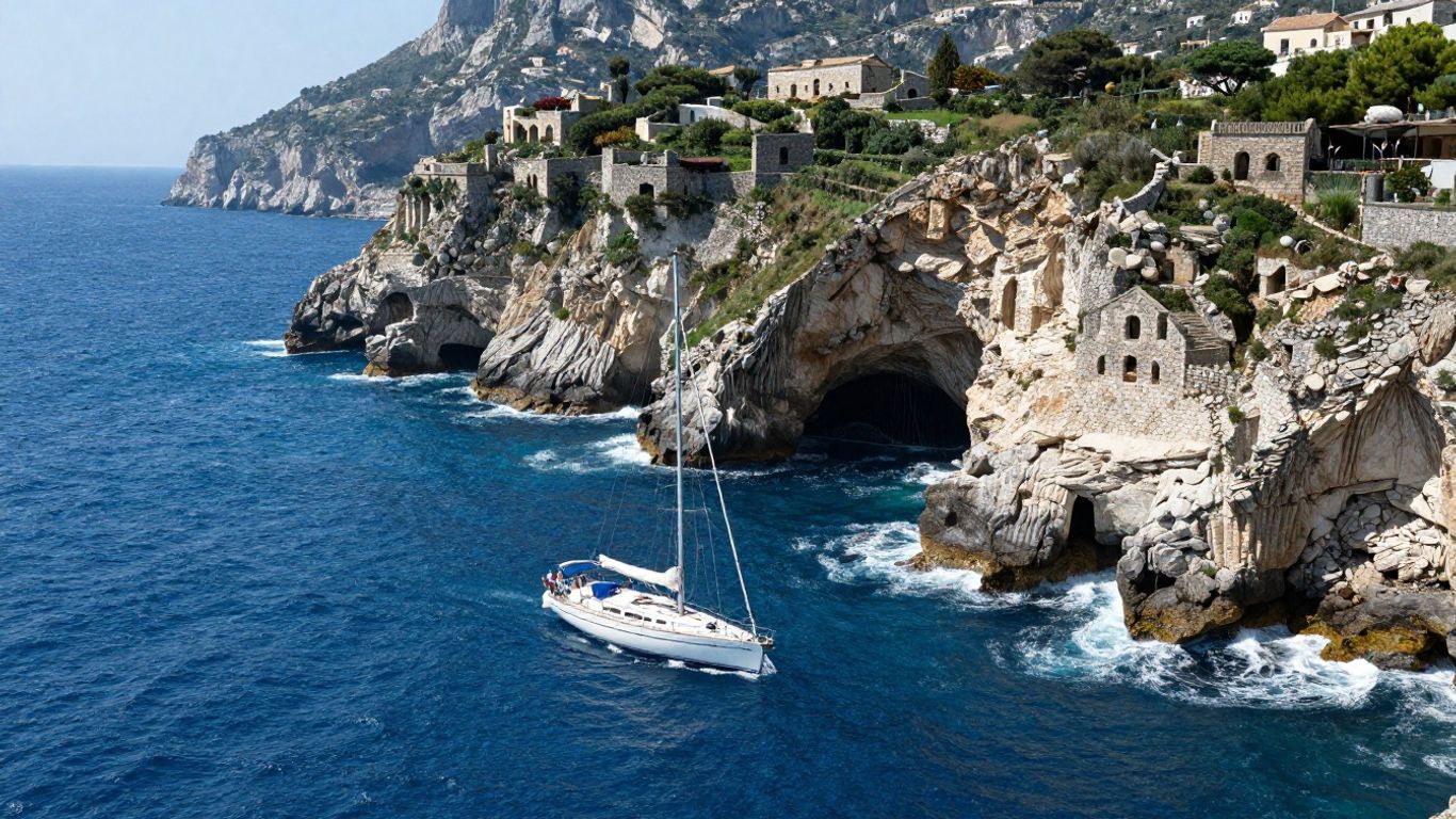 Sailboat sailing near Sicily's coast with cliffs and ruins.