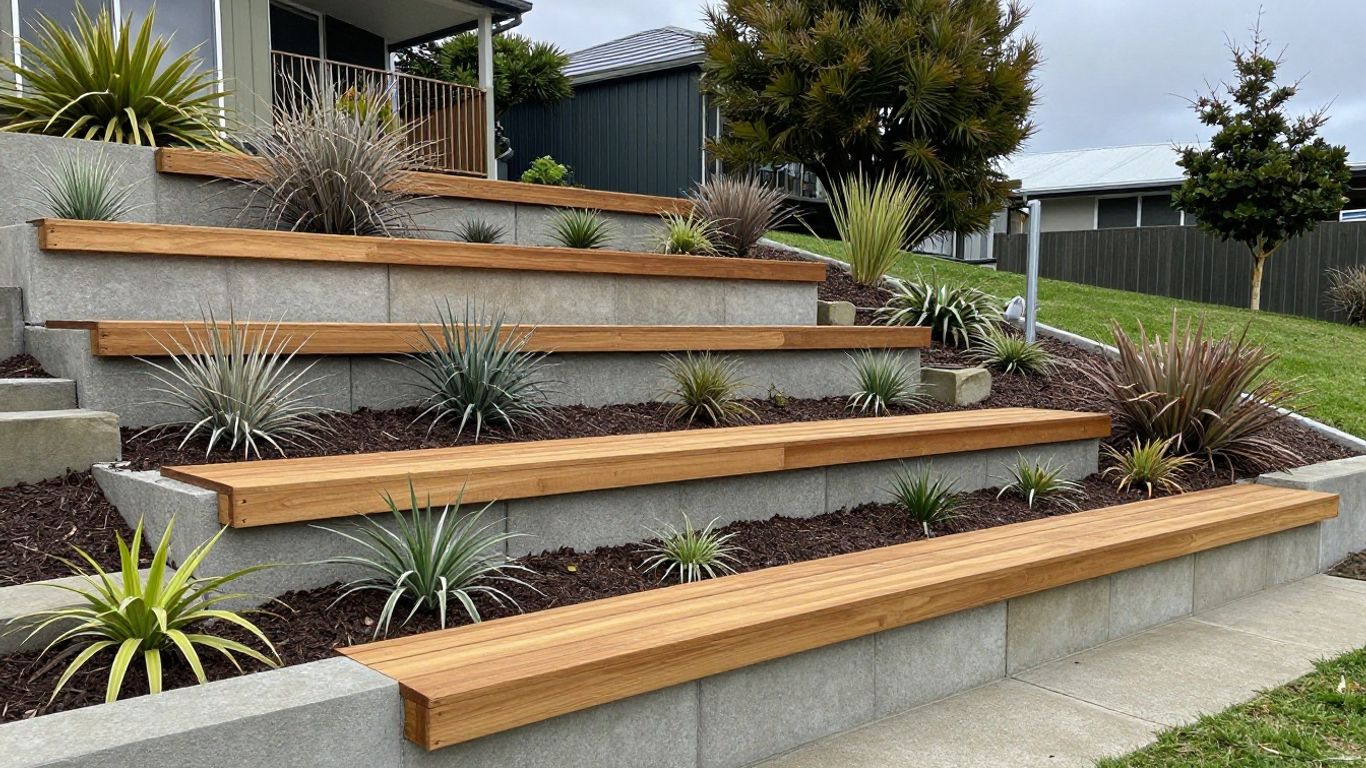 New Zealand garden retaining wall on sloped section