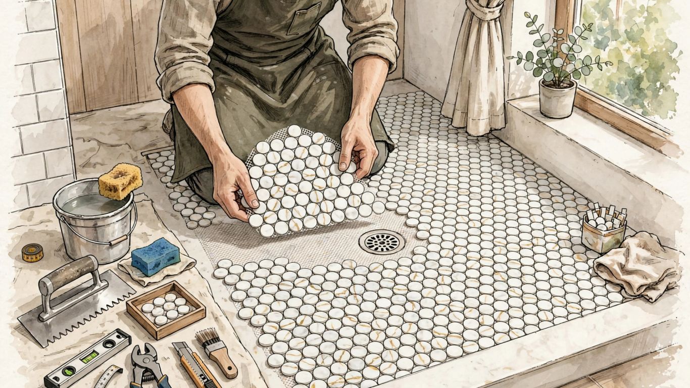 Installer aligning natural marble mosaic sheets