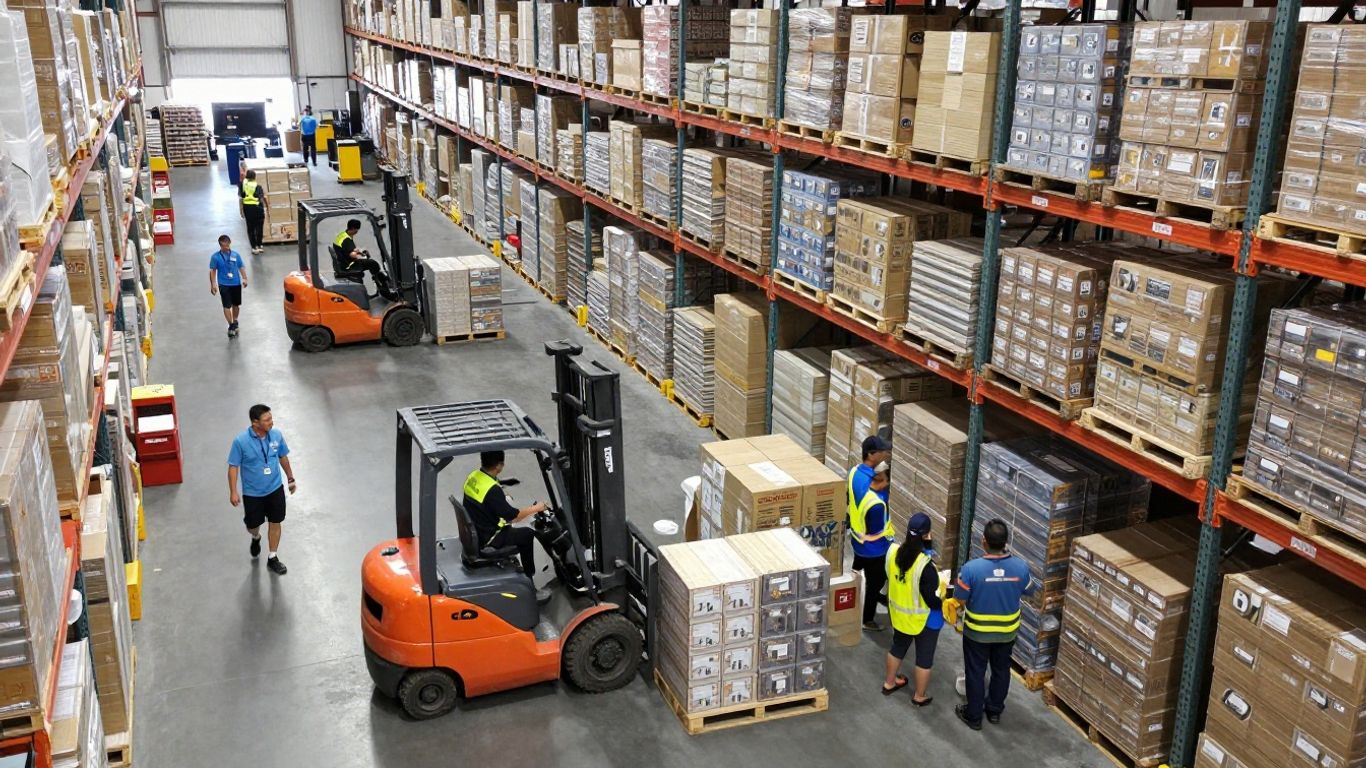 Warehouse operations with teams and forklifts.