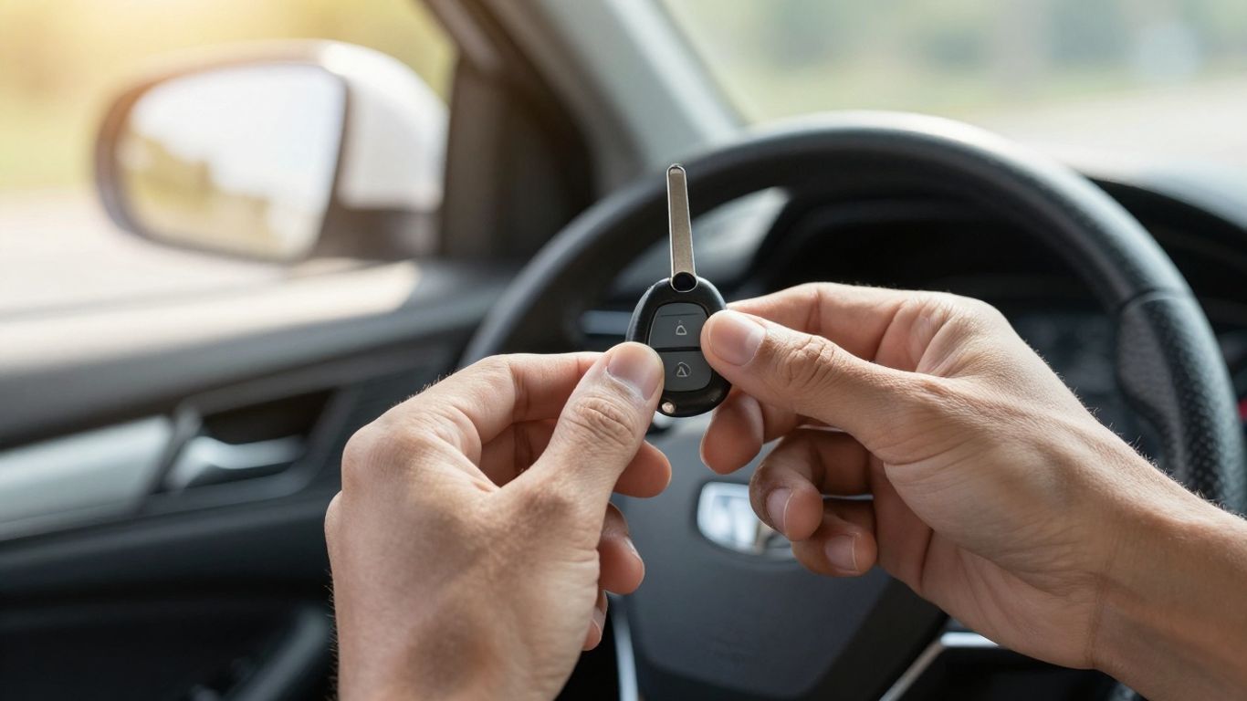 Hands holding car keys with car interior background.