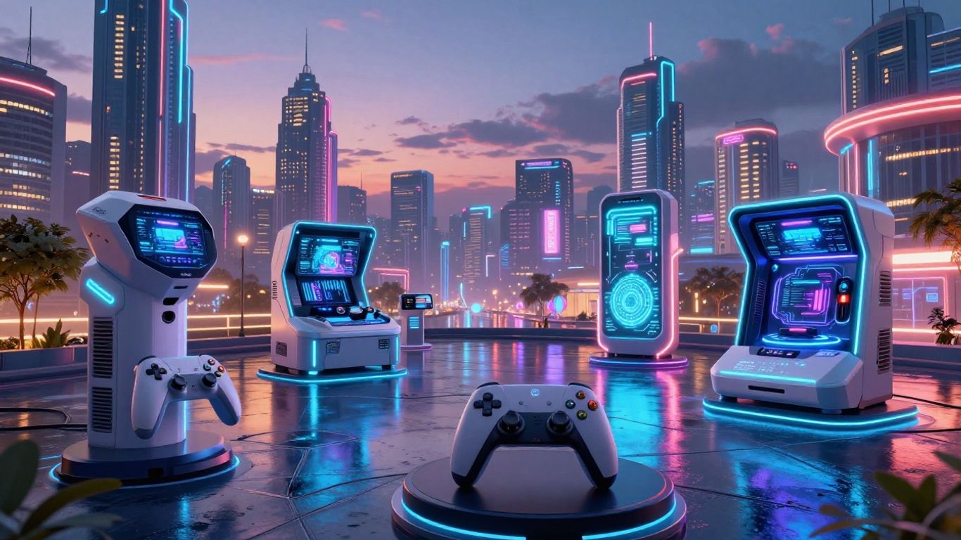 Futuristic cityscape with gaming consoles and controllers.