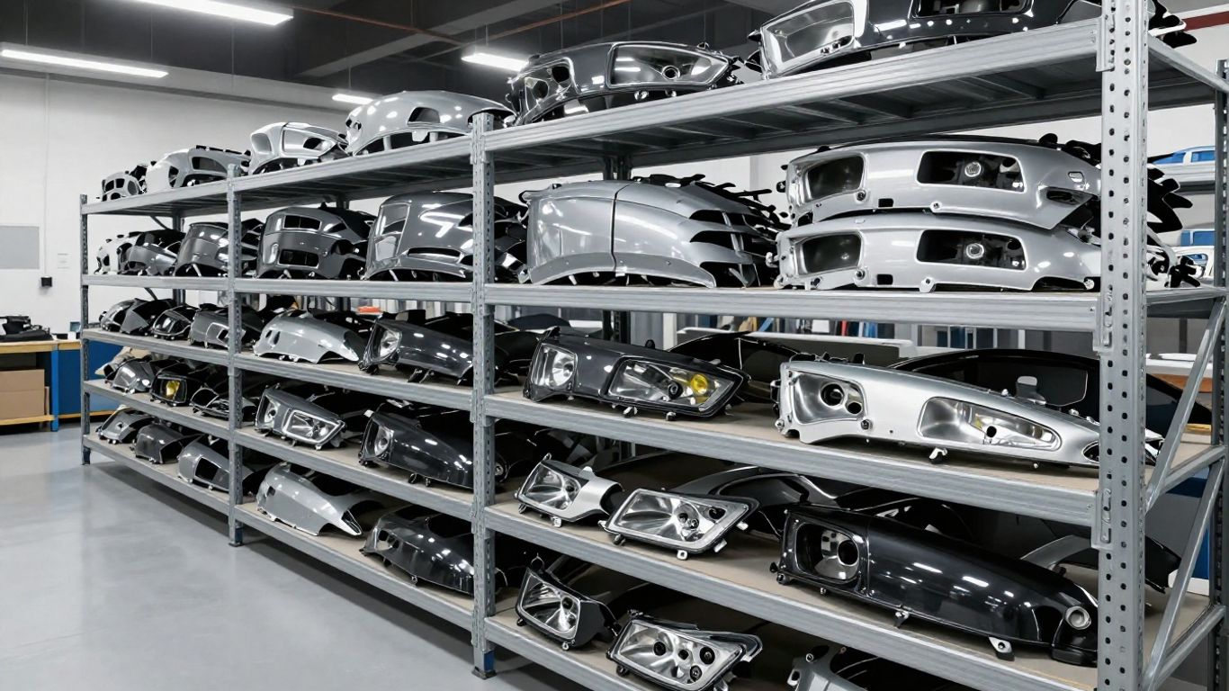 Various car body panels stored in a clean facility