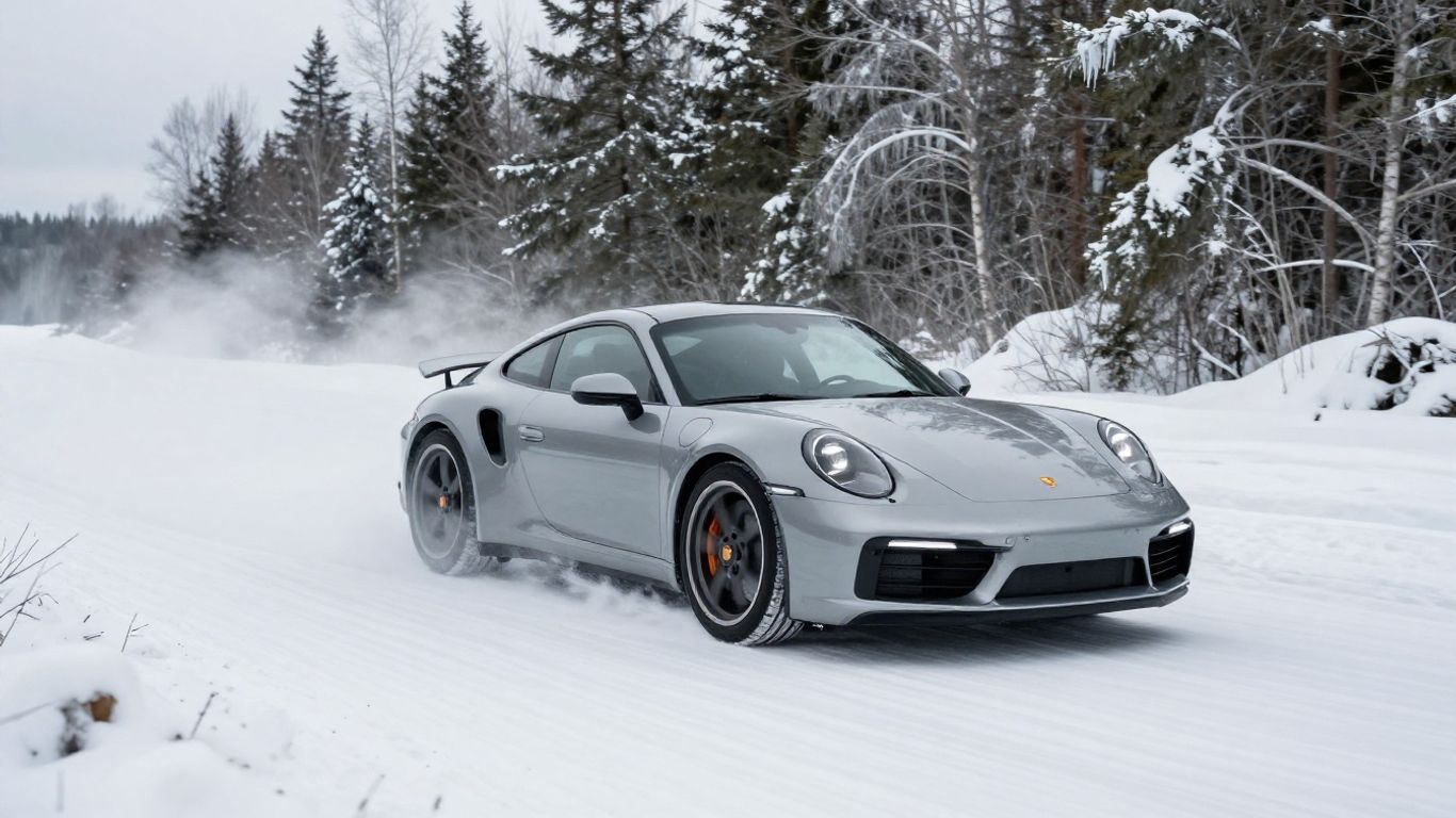 Porsche 911 drifting on a snowy track in Canada.